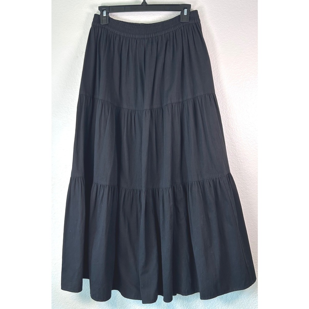 Kelly Stryker Prairie Vampy Black Tiered Maxi Skirt Cotton Elastic Waist VTG